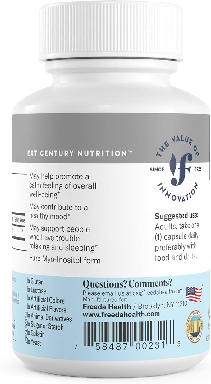 FREEDA Pure Inositol Capsules - Myo-Inositol for Hormonal Balance, Ovarian Function & Mood Support - Kosher, Vegetarian, Made in USA - 100 Count, 100-Day Supply - Supports Membrane Health
