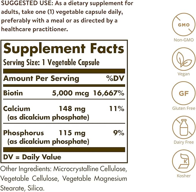 Solgar Biotin 5000 mcg - Supports Healthy Skin, Nails & Hair - Supports Energy Production & Metabolism - Vitamin B - Non-GMO, Vegan, Gluten Free - 180 Count