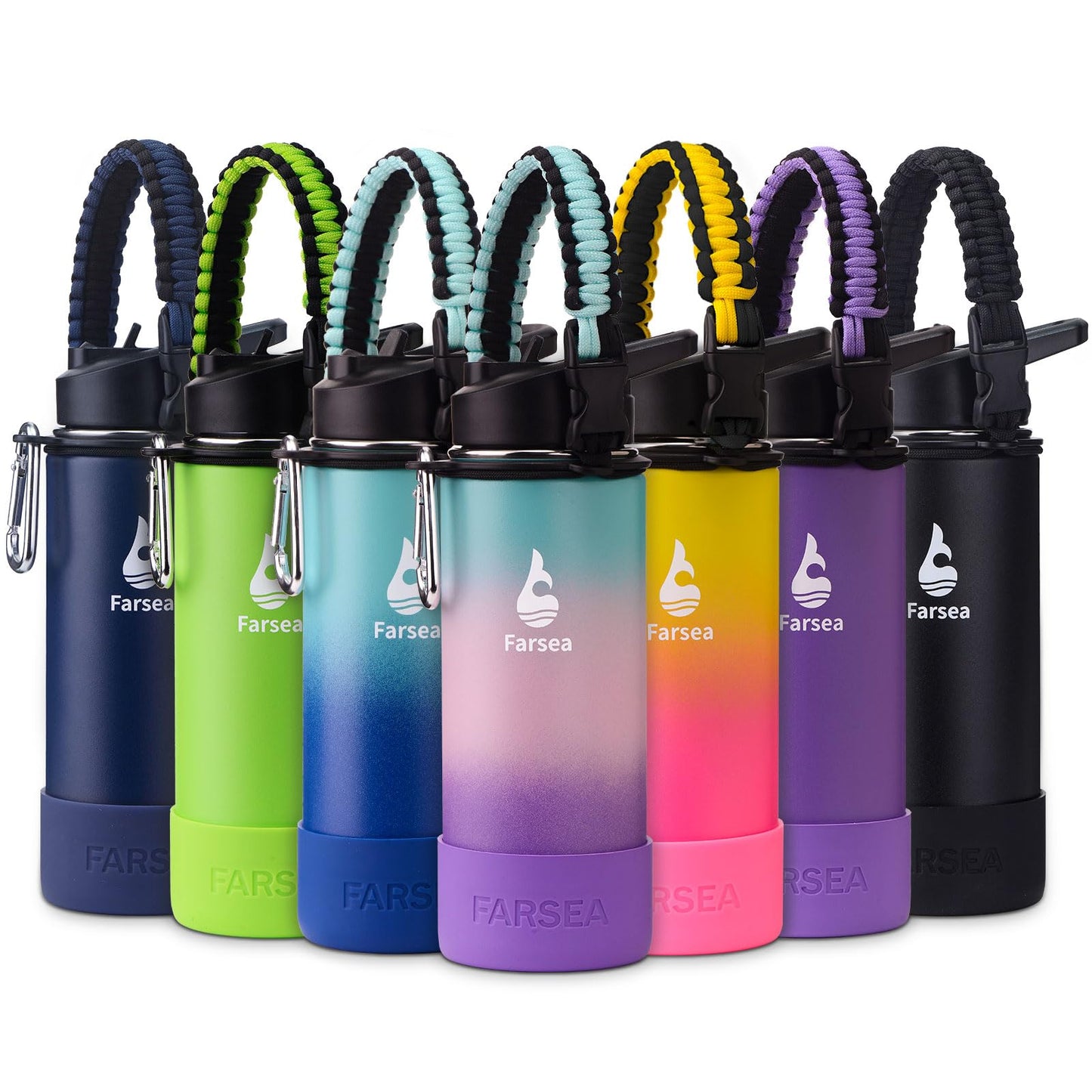 Farsea Insulated Water Bottle With Paracord Handle, Protective Boot and 2 Lids (Straw Lid & Spout Lid), Stainless Steel Water Bottle Wide Mouth, Double Wall Sweat-Proof BPA-Free, 18 oz