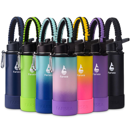 Farsea Insulated Water Bottle With Paracord Handle, Protective Boot and 2 Lids (Straw Lid & Spout Lid), Stainless Steel Water Bottle Wide Mouth, Double Wall Sweat-Proof BPA-Free, 18 oz
