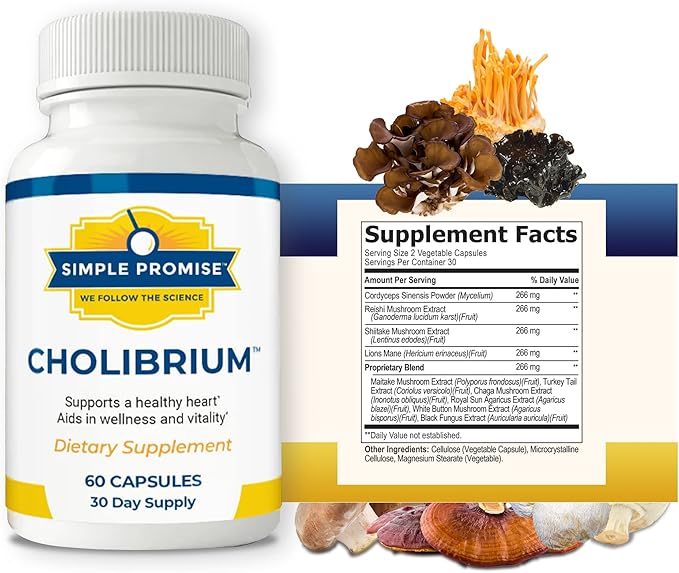 Simple Promise - Cholibrium - Mushroom Supplement with Lions Mane - Heart and Cholesterol Support, 60 Capsules