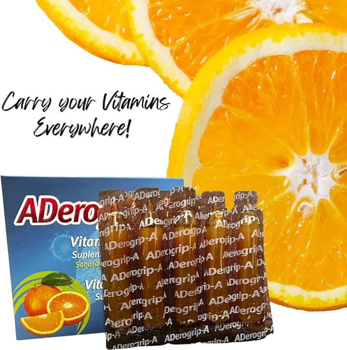 Aderogripa Immune Support Vitamins C, A & D | Liquid Supplement | 10 Natural Orange Flavor Ampoules | Boost Your Immune System | Box of 10 x 10ml Ampoules | Suplemento en Ampolletas