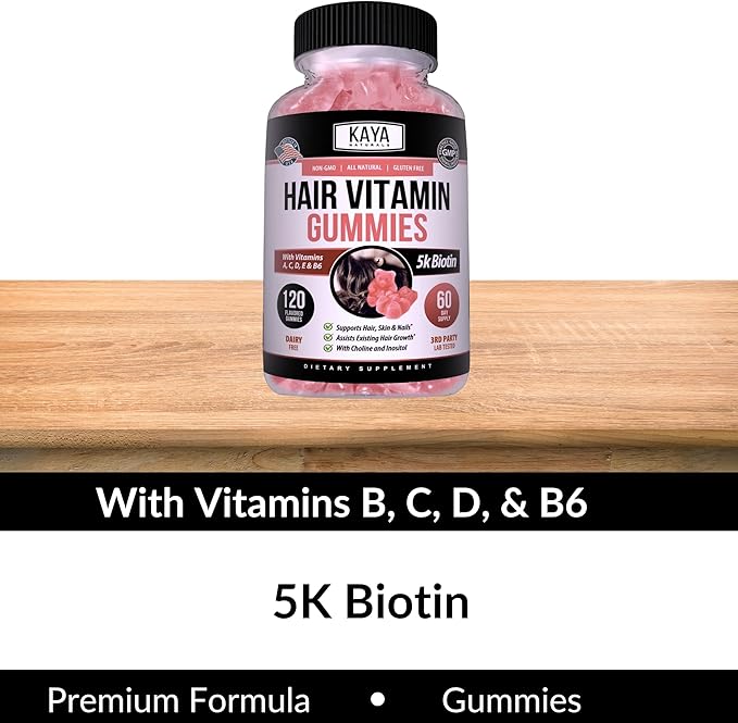 Kaya Naturals Hair Growth Gummies - Biotin 5000mcg Vitamins for Healthy Hair, Skin, and Nails - Beauty Supplement for Women or Men - 120 Count - Blueberry Flavor