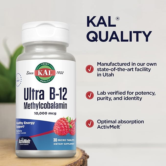 KAL Ultra B12 Methylcobalamin 10,000mcg, High Potency Vitamin B-12 for Healthy Energy, Metabolism, Nerve, Red Blood Cell Support,* Natural Raspberry Flavor, Vegetarian, 30 Micro Tablets, 30 Servings