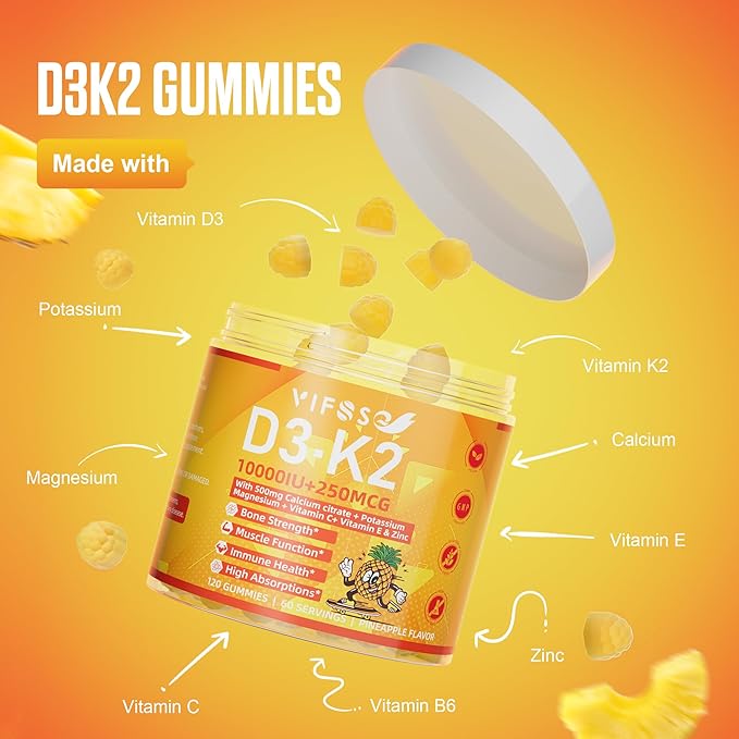 Vitamin D3 K2 Sugar-Free 120 Gummies, Vitamin D3 10,000IU with K2 (MK-7) 200mcg, 600mg Calcium +Magnesium Citrate, Multivitamin Adults Vitamin C+A, Support Bone Muscle Teeth Immune, Energy