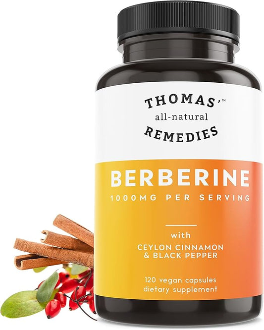 Thomas' all-natural Remedies Berberine 500mg (1000mg Per Serving)- 120 Vegan Capsules- with Ceylon Cinnamon & Black Pepper- Supports Healthy Immune Function & Overall Wellness