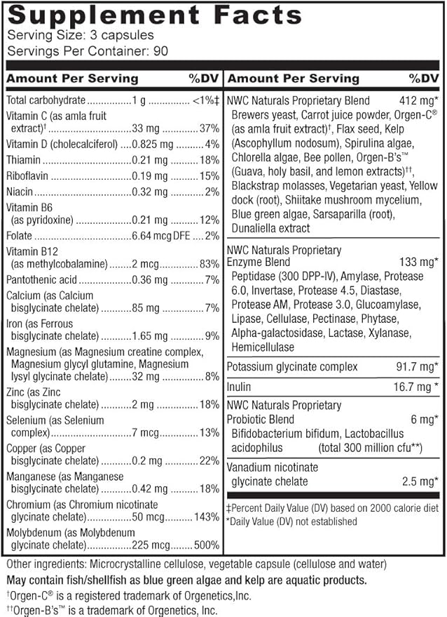 NWC Naturals Total-Nutrition Program Multivitamin with Enzymes Plus Prebiotics and Probiotics Supplement, Complete Care for Men and Women, Vegetarian Natural Whole Food Vitamins, 270 Capsules