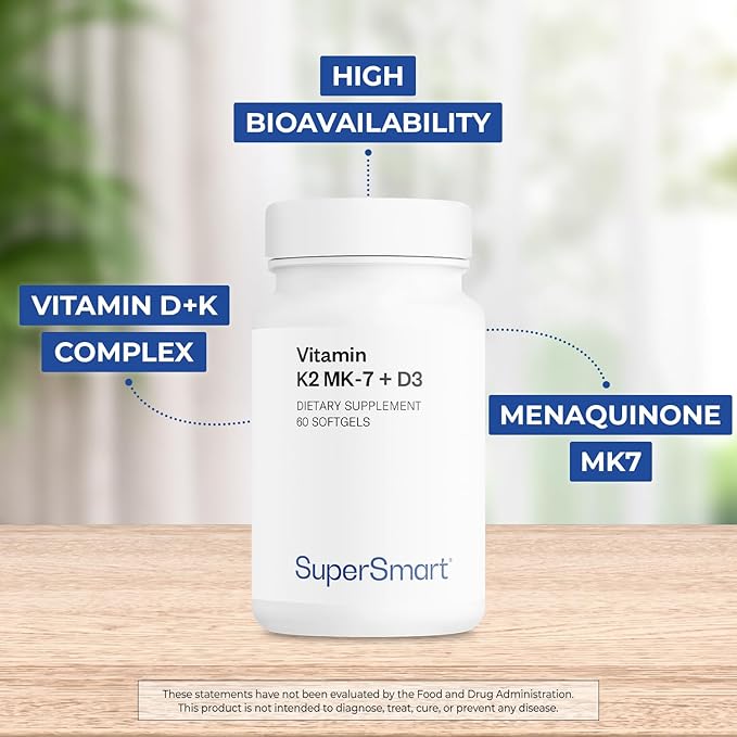 Supersmart - Vitamin K2 MK7 + D3 (Menaquinone 7) 90 mcg per Day - Bones & Heart Health Supplement - Immune Support | Non-GMO & Gluten Free - 60 Softgels