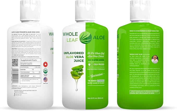 Whole Leaf Aloe Vera Juice - Potent, Unflavored, for Digestive Health, Skin Care and Hydration, Highest Acemannan Concentration, No Water Added, Patented Formula, Ideal for Daily Use