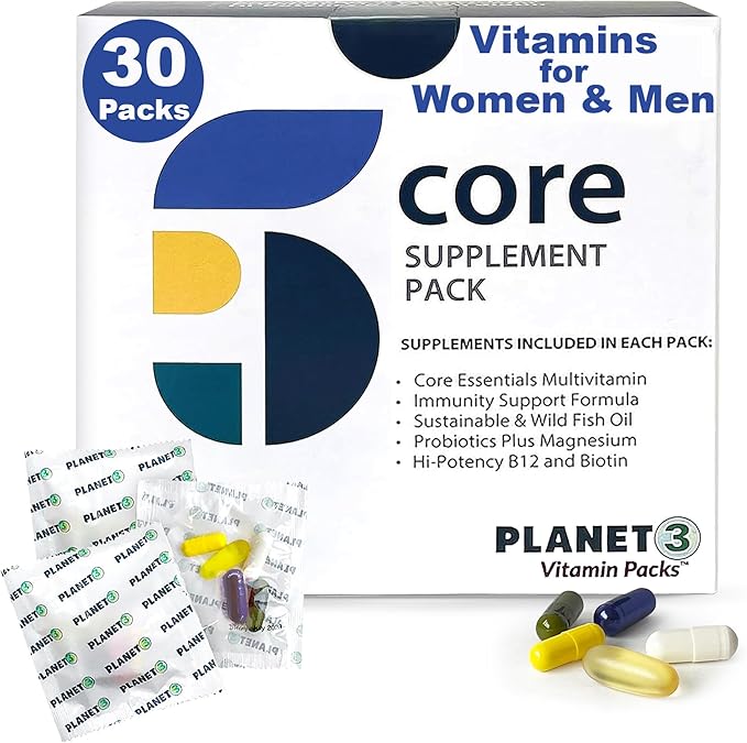 Planet 3 Vitamin Packs with Core Supplements | Heart, Eye and Immune Support with Elderberry Vitamin C and Zinc, Multivitamin, Omega 3, Vitamin D, Biotin, B12, Lutein, Daily Vitamins for Men and Women
