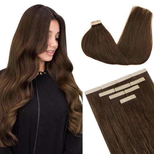 DOORES Hair Extensions Real Human Hair, Chocolate Brown 25g 10pcs 14 Inch, Tape in Hair Extensions Human Hair Remy Hair Silky Straight Skin Weft Real Natural Hair