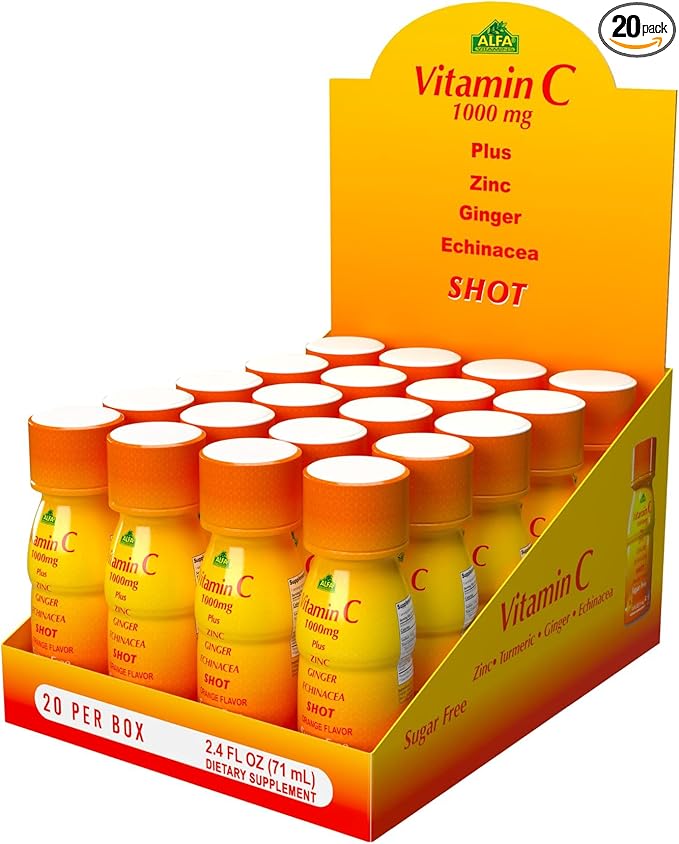 Vitamin C Shot 1000MG - Immunity Booster with Zinc, Ginger, & Echinacea - Protect Your Immunity - Fight The Common Cold - Orange Flavor - 2.4 FL Oz Bottle - 20 Pack