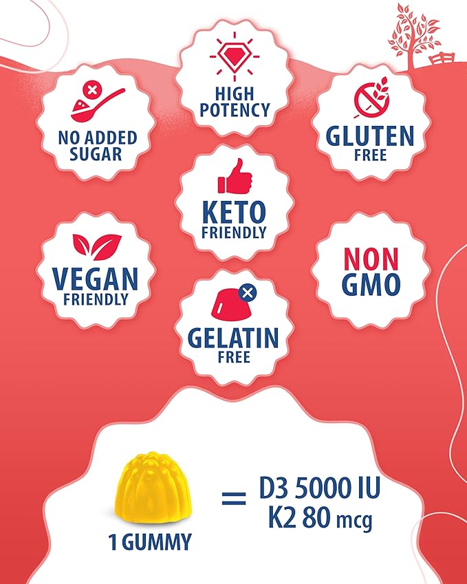 SUNNY SAM Vitamin D3 K2 Gummies 5000 IU - Immune & Bone Support - Sugar-Free & Zinc Gummies for Kids & Adults