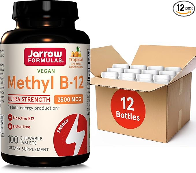 Jarrow Formulas Ultra Strength Methyl B-12, Dietary Supplement for Cellular Energy Production, 100 Tropical-Flavored Chewable Tablets, Up to a 100 Day Supply, Pack of 12