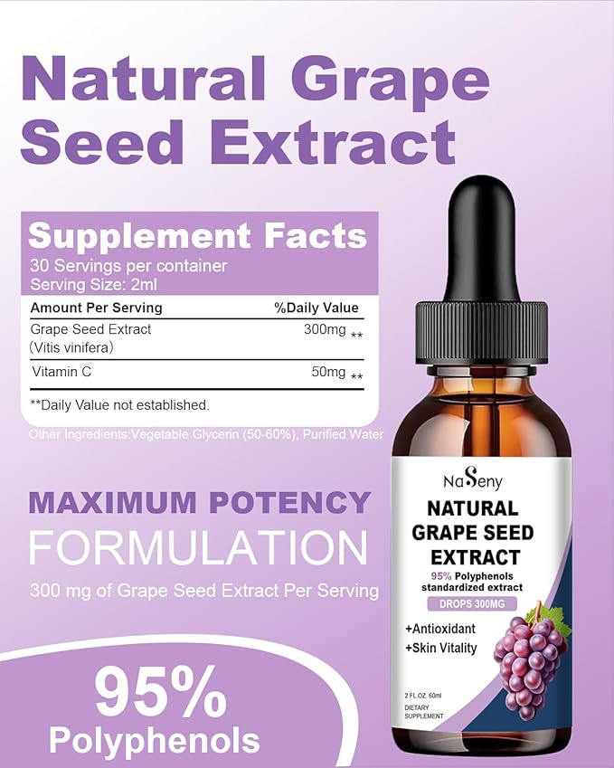 Natural Grape Seed Extract Drops-300 mg Grape Seed Extract Liquid Supplement - Maximum Strength Vitis Vinifera Seed Tincture, Standardized to 95% Polyphenols, Non-GMO, Gluten Free (60ml)