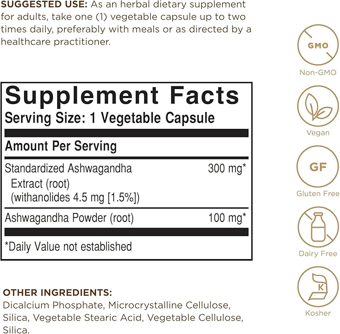 SOLGAR Ashwagandha Root Extract - 60 Vegetable Capsules - Standardized Full Potency (SFP) - Non-GMO, Vegan, Gluten & Dairy Free, Kosher - 60 Servings