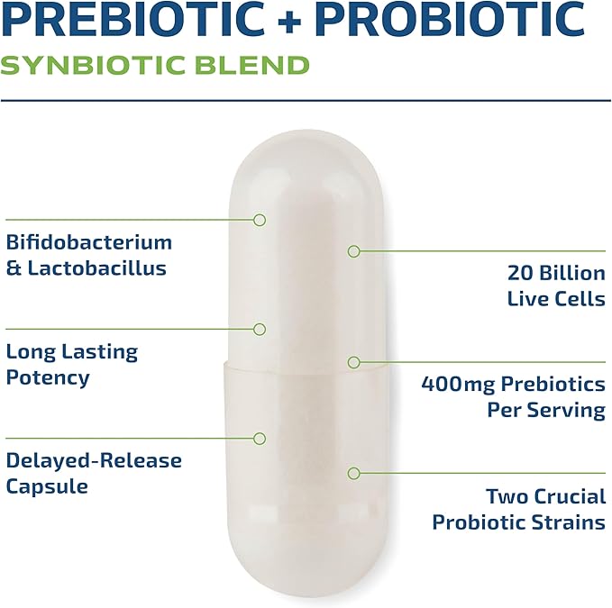 Prebiotics and Probiotics for Women & Men | Pre and Probiotics for Gut Health & Bloating Relief | Synbiotic with 20 Billion CFU Lactobacillus & Bifidobacterium | Shelf-Stable | Vegetarian | 60 Ct.
