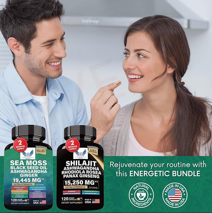 Sea Moss + Shilajit Bundle (2 Pack) – 120 Capsules Eac Sea Moss 7000mg Black Seed Oil 4000mg Ashwagandha 2000mg Ginger & Shilajit 9000mg Rhodiola Rosea 1000mg Panax Ginseng 1500mg