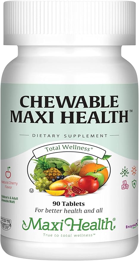 Maxi Health Chewable Multivitamin for Kids, Teens and Adults - Cherry Chewable Vitamins for Adults & Children - Kosher Kids Multivitamin + Iron (90 Tablets)
