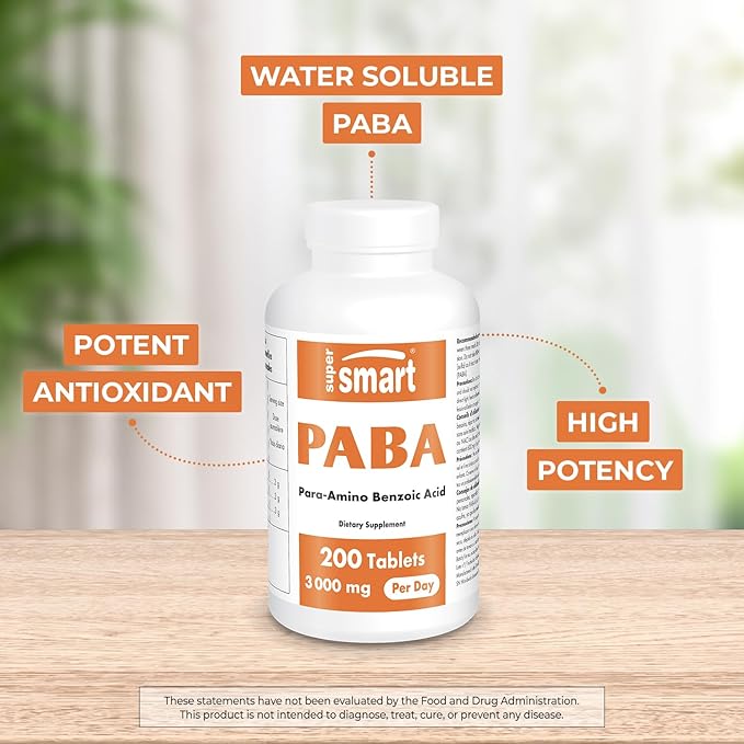 Supersmart - PABA Supplement 3000mg per Day (para-AminoBenzoic Acid) - Natural B Complex Vitamin - Water Soluble PABA | Non-GMO & Gluten Free - 200 Tablets