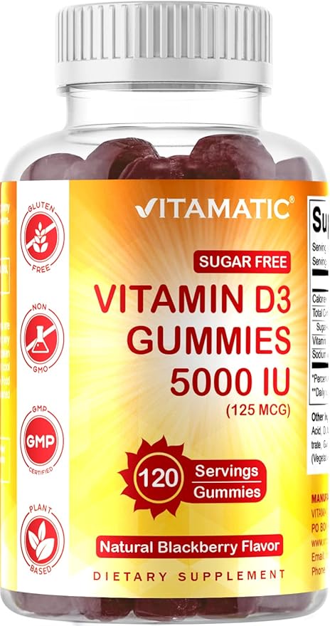 Vitamatic Sugar Free Vitamin D3 5000 IU - 120 Gummies - Great Taste - Healthy Bones, Mood & Immune System Function - Non-GMO - 120 Servings (5000 IU)