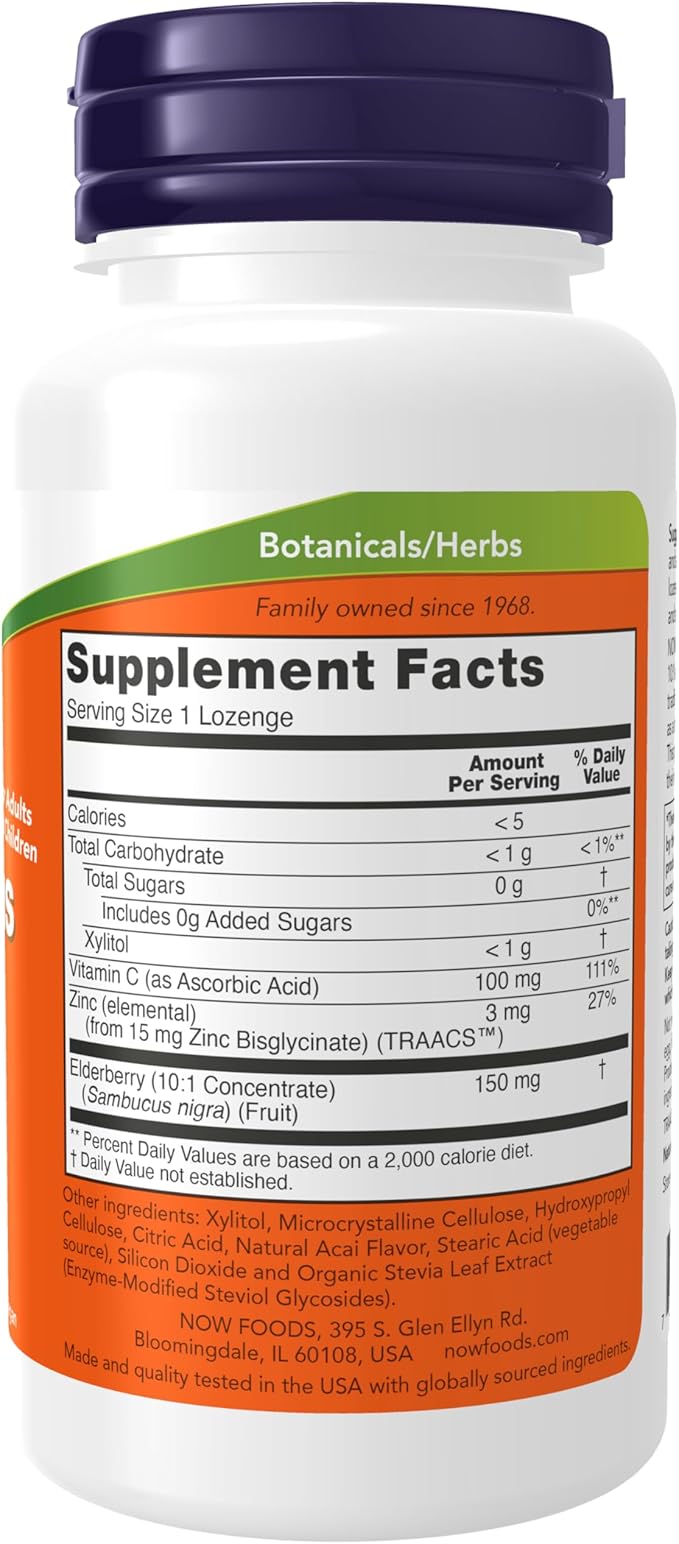 NOW Supplements, Sambucus Zinc-C with Elderberry Concentrate and Vitamin C, 60 Lozenges (Pack of 2)