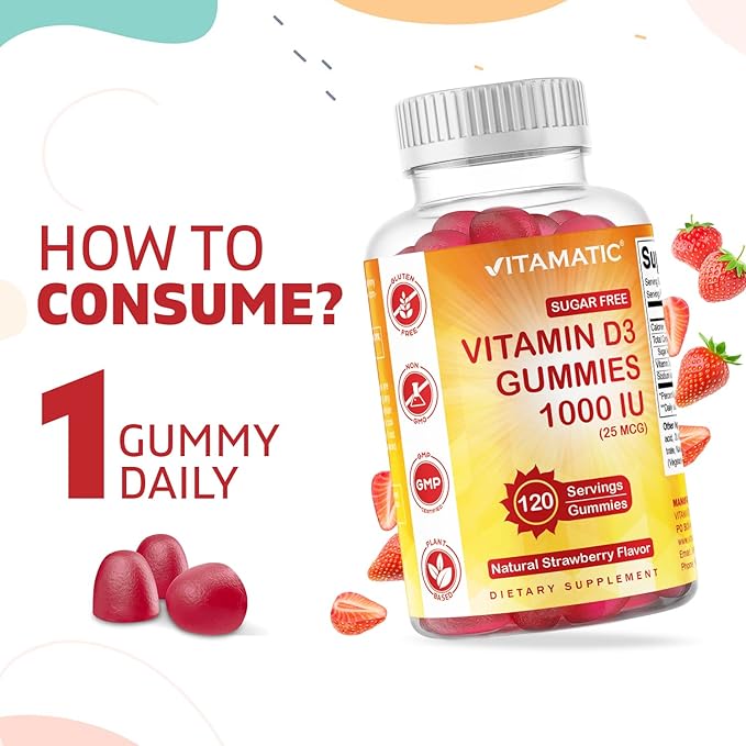 Vitamatic Sugar Free Vitamin D3-120 Pectin Based Gummies - Great Taste - Healthy Bones, Mood & Immune System Function - Non-GMO - 120 Servings (1000 IU)