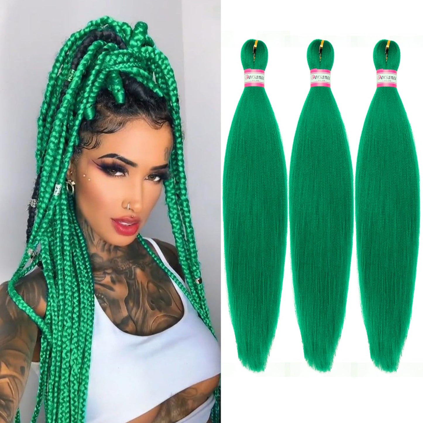 Dorsanee Green Braiding Hair Pre Stretched 20 Inch 3 Packs Professional Easy Braiding Hair for Crochet Braids Twists Locs Hair Soft Yaki Texture Hot Water Setting Synthetic Hair Extensions