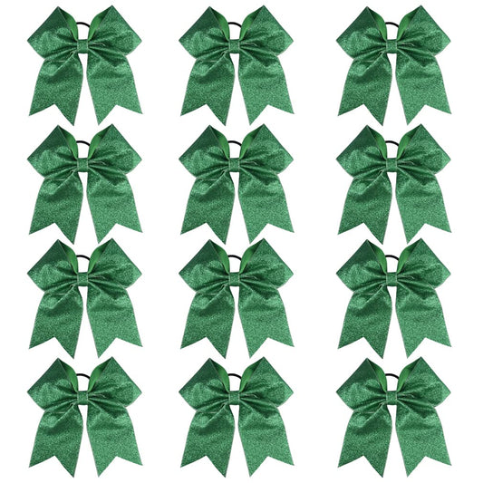 DEEKA 12 PCS 7" Large Glitter Cheer Bows Shiny Cheer Hair Bows Ponytail Holder Handmade for Cheerleader Girls Softball Sports -Green