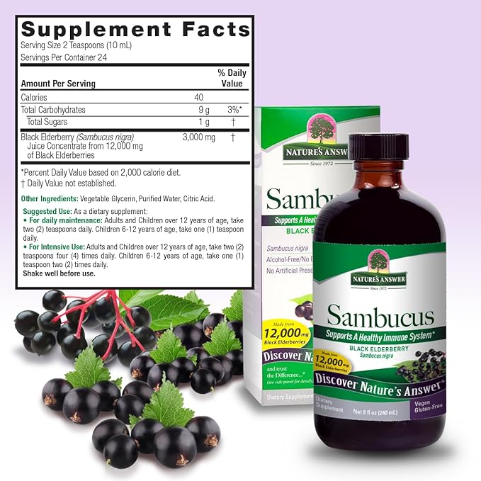 Nature's Answer Alcohol-Free Sambucus Dietary Supplement 8oz Liquid | Immune Support | Antioxidant Boost | Gluten-Free, Vegan, Non-GMO | Single Count