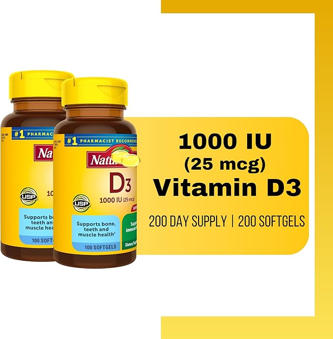 Vitamin D3 1000IU (25 mcg) Softgels, Dietary Supplement for Immune Health Support 100 Softgels (Pack of 2)