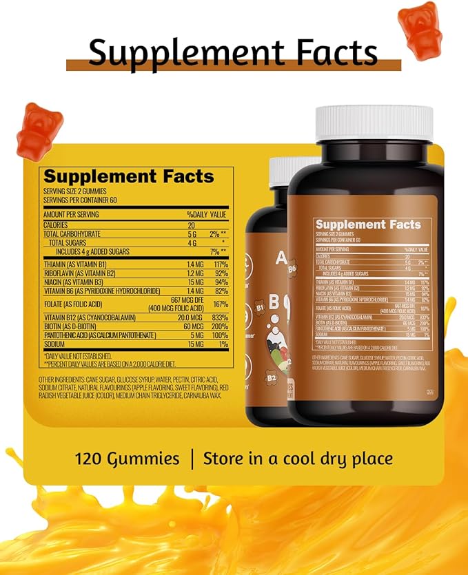 Vitamin B Complex Gummies for Adult - 120 Count, Apple Flavor, Chewable Supplement with 8 Essential B Vitamins (B1, B2, B3, B5, B6, B7, B9, B12) - Vegan, Supports Energy, Metabolism & Overall Health