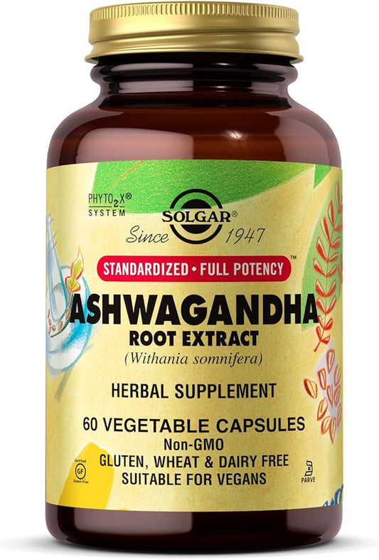 SOLGAR Ashwagandha Root Extract - 60 Vegetable Capsules - Standardized Full Potency (SFP) - Non-GMO, Vegan, Gluten & Dairy Free, Kosher - 60 Servings