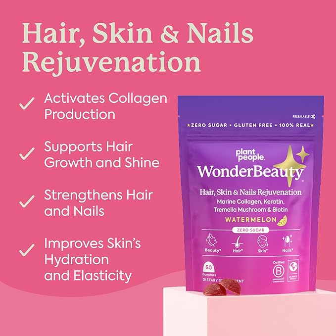 Plant People WonderBeauty Hair, Skin & Nails Rejuvenation Gummies with Tremella Mushroom, Marine Collagen Peptides, Keratin, & Biotin – Watermelon Flavor, 60 Gummies