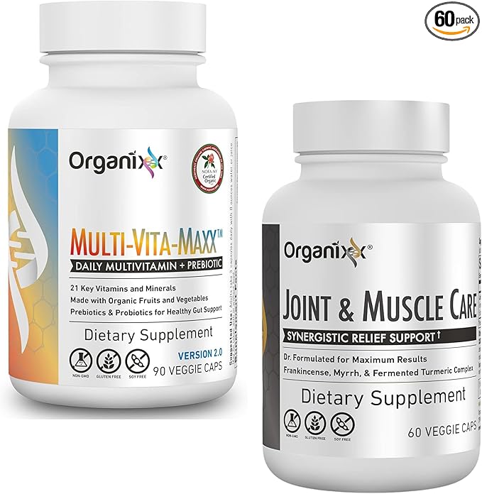 Organixx Multi-Vita-Maxx Whole Food Multivitamin (90 Gel Capsules) & Joint & Muscle Care (60 Capsules)