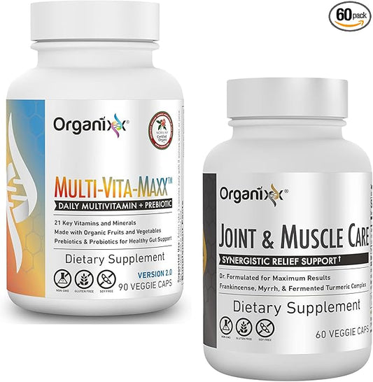 Organixx Multi-Vita-Maxx Whole Food Multivitamin (90 Gel Capsules) & Joint & Muscle Care (60 Capsules)