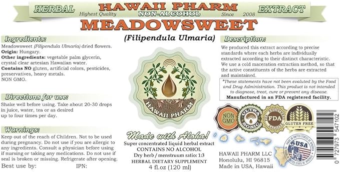 Meadowsweet Alcohol-Free Liquid Extract, Meadowsweet (Filipendula Ulmaria) Herb Glycerite Natural Herbal Supplement, Hawaii Pharm, USA 2 oz
