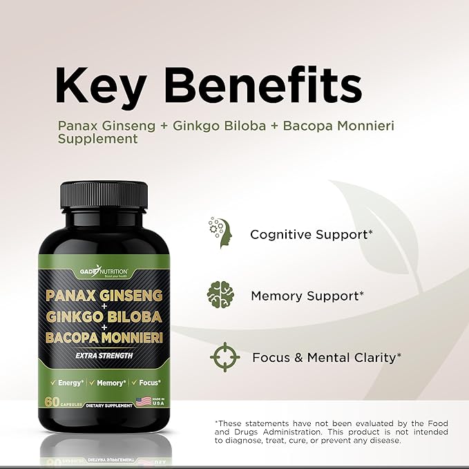 Gade Nutrition Ginkgo Biloba with Ginseng Supplement and Bacopa Monnieri | Brain Supplements for Memory and Focus with panax Ginseng & Ginko biloba Capsules - Memory Supplement for Brain