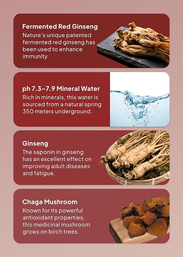 Korean Food Red Ginseng Drink Liquid with with Siberian Chaga Mushroom, 9 Dried Fermented Ginseng, Vegan15 Cans x 180ml (6.08 fl oz Each), Total 2.7L (91.2 fl oz) Naturecell, Great for Gifts, 발효 홍삼K