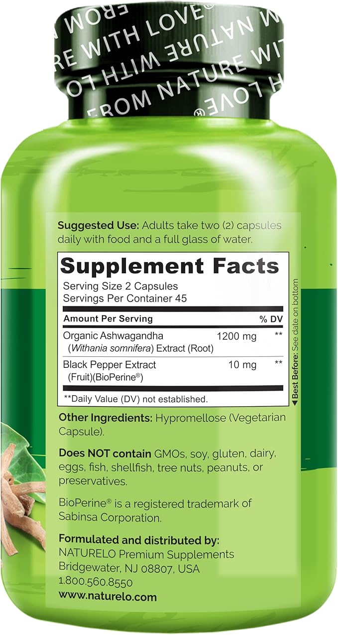 NATURELO Ashwagandha Organic Root Powder - Natural Herbs Supplement for Fatigue, Stress Relief, Mood Enhancer - with Black Pepper Extract - 90 Vegan Capsules