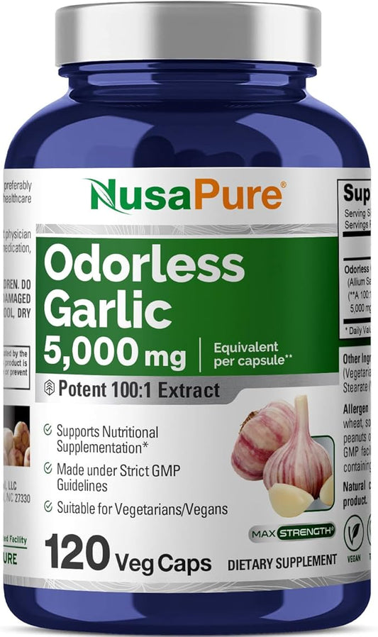 NusaPure Odorless Garlic 100:1 Extract, 50 mg Equivalent to 5000mg Capsule | 120 Veggie Caps | High Potency | Herbal Supplement | Non-GMO