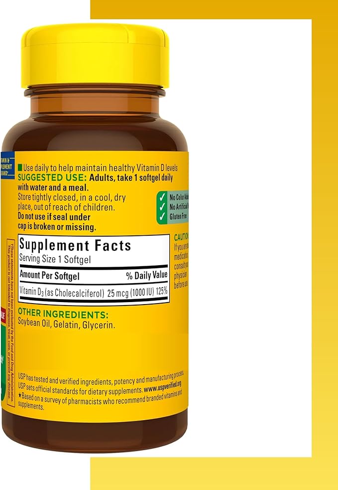 Vitamin D3 1000IU (25 mcg) Softgels, Dietary Supplement for Immune Health Support 100 Softgels (Pack of 2)