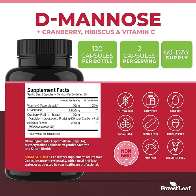 ForestLeaf D Mannose 1000mg Capsules - D-Mannose with Cranberry, Hibiscus & VIT C, Urinary Tract Health for Women and Men, DMannose Pills for UTI, Urinary Health & Bladder Support 120 Capsules