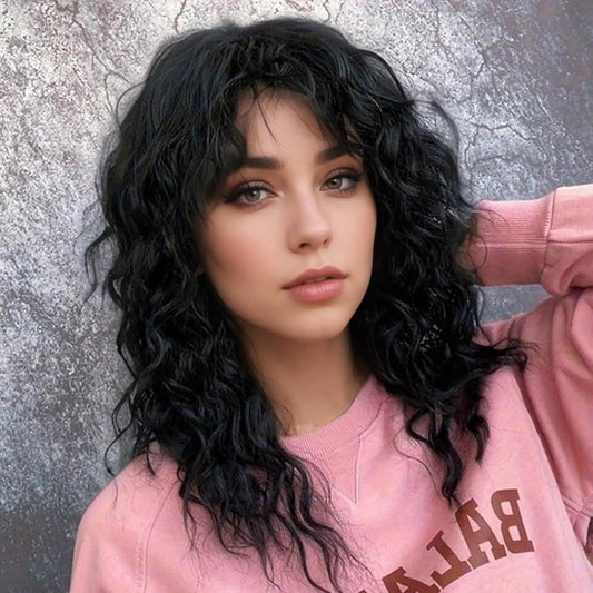 Baruisi Long Curly Wavy Women Wig with Bangs Synthetic Halloween Cosplay Party Hair Replacement Wig,Black