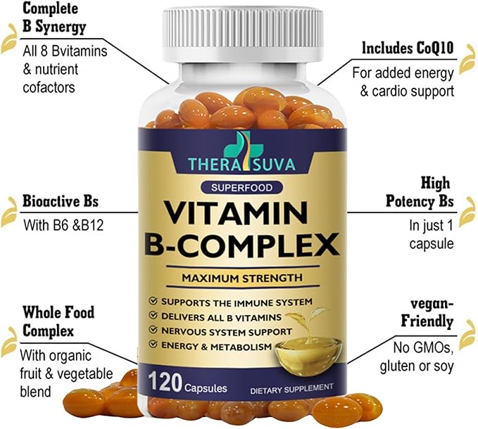 Vitamin B-Complex + CoQ10 + Vitamin C - Max Strength Supplement for Energy, Metabolism Support, 120 Softgels, 60 Day Supply