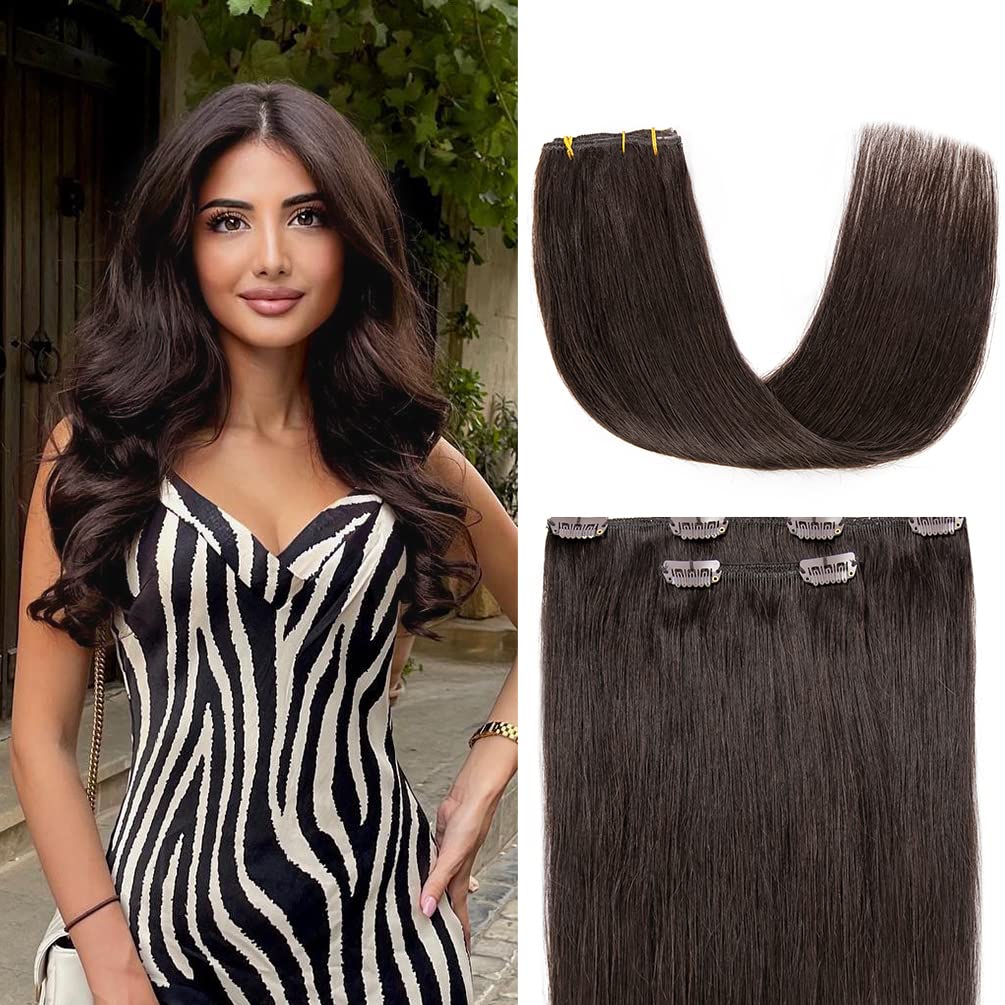 2PCS 14 Inch Clip in Hair Extensions Real Human Hair, Soft and Natural Hair Extensions Clip ins, Dark Brown Remy Hair Extensions Clip in Human Hair Straight Double Weft Hair Extensions for Women