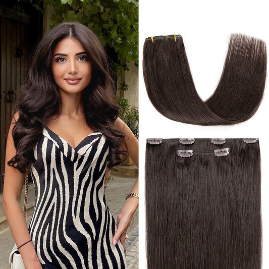 2PCS 14 Inch Clip in Hair Extensions Real Human Hair, Soft and Natural Hair Extensions Clip ins, Dark Brown Remy Hair Extensions Clip in Human Hair Straight Double Weft Hair Extensions for Women
