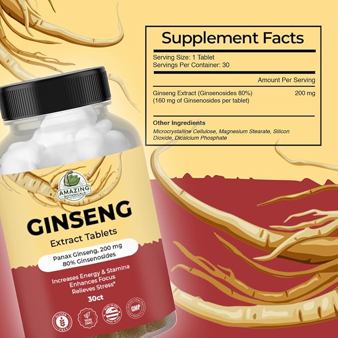 Panax Ginseng Extract Tablets - 200mg Highly Potent 80% Ginsenosides for Energy & Relaxation - Natural Herbal Supplement for Cognitive Booster - 30 Tablets