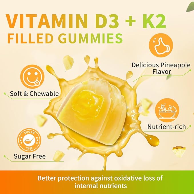 Vitamin D3 K2 Filled Gummies, Vitamin D3 10000IU, K2 (MK-7) 200mcg, Sugar Free K2 D3 Vitamin Supplement with Omega-3, Calcium, Magnesium, Zinc for Muscle, Bones & Immune Support, 2 Packs