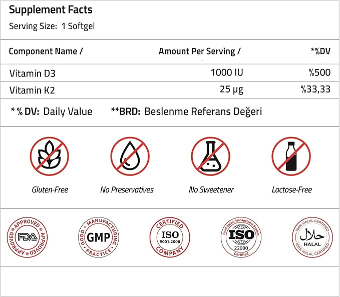 Validus Premium Formula Vitamin D3 + K2 Supplement High Potency 1000 IU D3 & 25mcg K2 - Supports Bone Health, Heart Health, Immune System, Enhanced Calcium Absorption - Non-GMO, Gluten-Free (30)